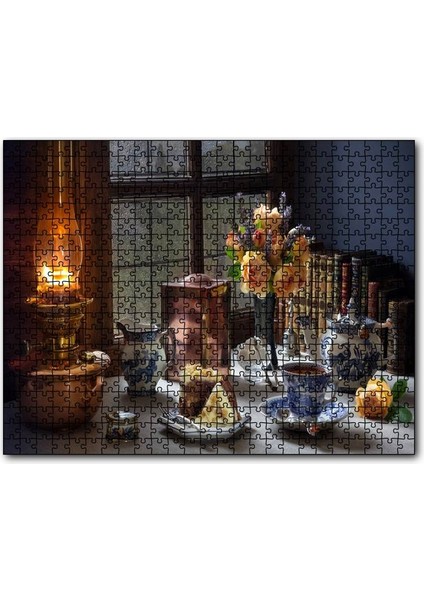 Kek ve Çay Ambiyans Pencerede Yağmur Görseli 255 Parça Puzzle Yapboz Mdf (Ahşap)