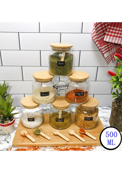 Karçiçeği Home 6’Lı Bambu Baharatlık Takımı 12 Parça 500ml Kaşıklı Etiketli