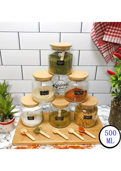 Karçiçeği Home 6’Lı Bambu Baharatlık Takımı 12 Parça 500ml Kaşıklı Etiketli