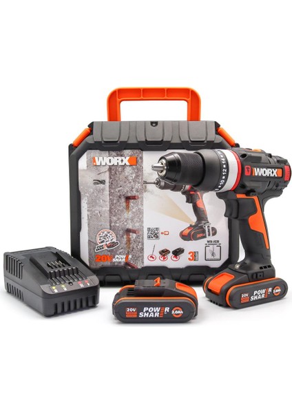 Wx-Jcr 20 Volt/2.0 Ah Li-Ion Çift Akülü Kömürsüz Darbeli Şarjlı Matkap