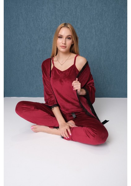 Dreamy Dantel Detaylı Kadife 3 Parça Sabahlıklı Pijama Takımı Bordo