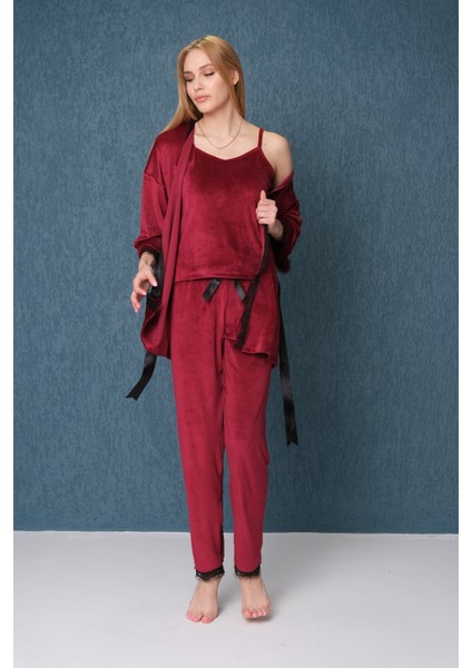 Dreamy Dantel Detaylı Kadife 3 Parça Sabahlıklı Pijama Takımı Bordo fiyatları