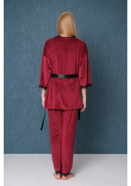 Dreamy Dantel Detaylı Kadife 3 Parça Sabahlıklı Pijama Takımı Bordo modelleri