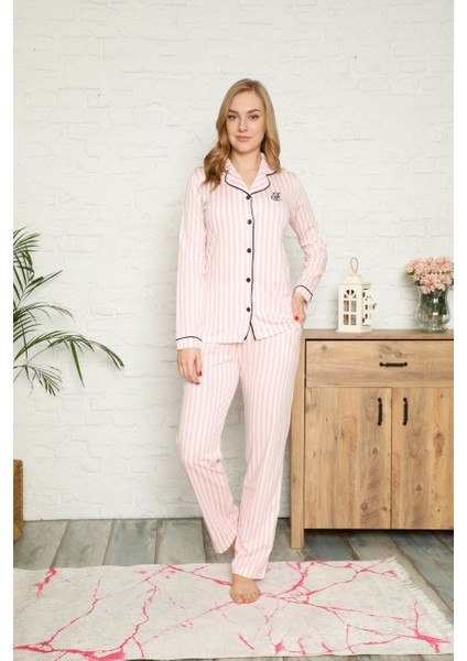 Dreamy Secret Pamuklu Likralı Biyeli Gömlek Pijama Takımı Pembe