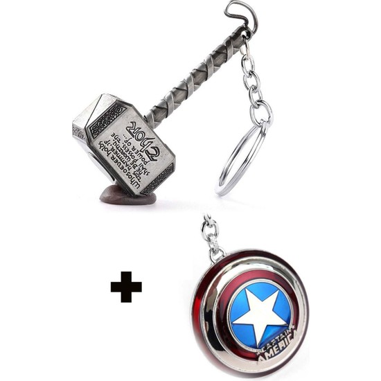 Captain America Thor ve Captain America Metal Gümüş Anahtarlık Seti