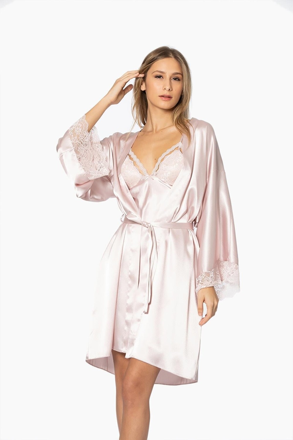 Pierre Cardin Kadın Saten Dantelli Gecelik & Sabahlık Takım - 4250 Pudra