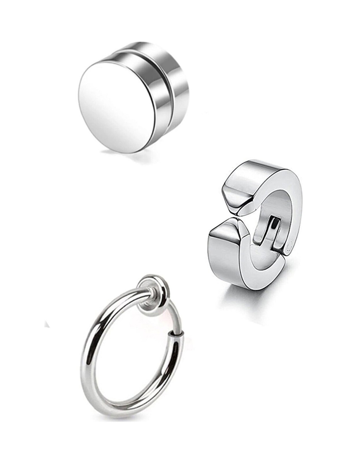 The Collection Unisex Gümüş 3 Adet Deliksiz Sıkıştırmalı Mıknatıslı Çelik Küpe Set