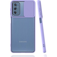 Kzy Samsung Galaxy M52 Kapak Lensi Açılır Kapanır Kamera Korumalı Silikon Kılıf - Lila