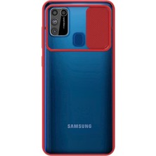 Kzy Samsung Galaxy M30S Kapak Lensi Açılır Kapanır Kamera Korumalı Silikon Kılıf - Kırmızı