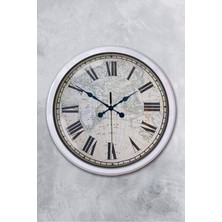 Platin Saat 52 cm Beyaz Metal Harita Duvar Saati