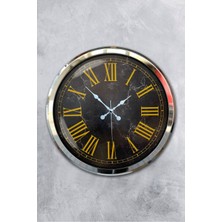 Platin Saat 52 cm Krom Metal Mermer Desen Roma Rakamlı Duvar Saati