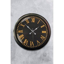 Platin Saat 52 cm Siyah Metal Sarı Roma Rakamlı Duvar Saati