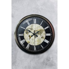 Platin Saat 52 cm Siyah Metal World Maps Duvar Saati