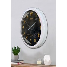 Platin Saat 52 cm Beyaz Metal Mermer Desen Arapça Duvar Saati