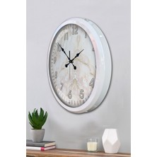 Platin Saat 52 cm Beyaz Metal Mermer Desen Duvar Saati