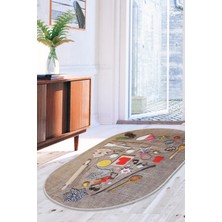 Dijidekor Dijidekor Kahve Mutfak Halısı Saçaksız Dijital Oval Halı Kaymaz Yıkanabilir Iskandinav  80X150