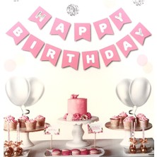 Bal10 Dünyası Pembe Üstüne Gümüş Gri Yaldızlı Happy Birthday Yazılı Doğum Günü Partisi Karton Ipli Yazı Banner