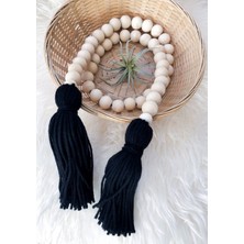 Emtory Home  Siyah Ponponlu Ahşap Doğal Boncuklu Dekoratif Çok Amaçlı Süs (50CM)