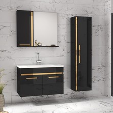 Alfa Banyo Yeni Gold Siyah (80+35) 115 cm Boy Dolaplı lavabolu banyo dolabı-Banyo Takımı