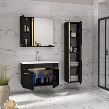 Alfa Banyo Yeni Gold Siyah (80+35) 115 cm Boy Dolaplı lavabolu banyo dolabı-Banyo Takımı