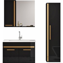 Alfa Banyo Yeni Gold Siyah (80+35) 115 cm Boy Dolaplı lavabolu banyo dolabı-Banyo Takımı