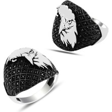 Tesbih Sepetim 925 Ayar Gümüş Libert Kartal Motifli Siyah Mikro Taşlı Yüzük