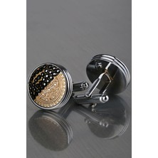 Kravatkolik Gümüş - Altın Renk Siyah Taşlı Kol Düğmesi KD1204