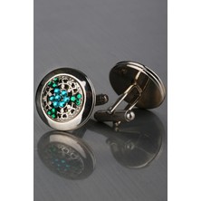 Kravatkolik Gümüş Renk Yeşil Taşlı Kol Düğmesi KD1244