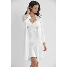 Pierre Cardin Kadın Saten Dantelli Gecelik & Sabahlık Takım - 4025 Ekru