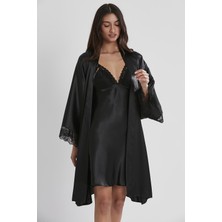 Pierre Cardin Kadın Saten Dantelli Gecelik & Sabahlık Takım - 4250 Siyah