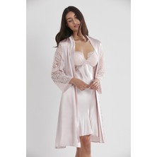 Pierre Cardin Kadın Saten Dantelli Gecelik & Sabahlık Takım - 4025 Pudra