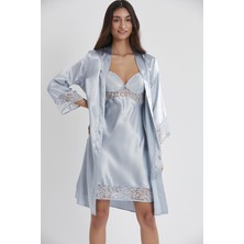 Pierre Cardin Kadın Saten Dantelli Gecelik & Sabahlık Takım - 4075 Mist
