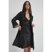 Pierre Cardin Kadın Saten Dantelli Gecelik & Sabahlık Takım - 4075 Siyah