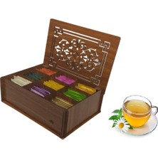 Cokleas Ahşap (Ceviz) Çay Kutusu 9 Bölmeli Kapaklı Poşet Bitki Çayı Saklama Kabı Tea Box + 45'li Çay