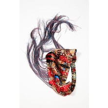 Lila Rosa Desenli Saf Ipek Püsküllü Saç Bandı