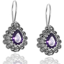 Midyat Nurtaş Gümüş Ametist Taşlı Damla Model Oksitli Telkari Gümüş Bayan Küpe