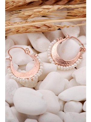 Sümer Telkari Incili Rose Gümüş Tasarım Halka Küpe 5569