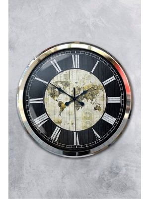 Platin Saat 52 cm Krom Metal World Maps Duvar Saati