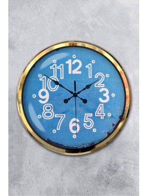 Platin Saat 52 cm Gold Metal Mavi Kadran Duvar Saati