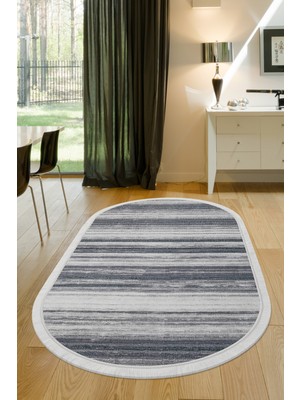 Dijidekor Dijidekor 9026 Gri Saçaklı Dijital Oval Halı Kaymaz Yıkanabilir Iskandinav Yolluk 160X230