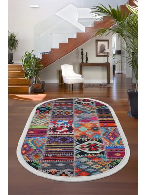 Dijidekor Dijidekor 9010 Patchwork Temalı Saçaklı Dijital Oval Halı Kaymaz Yıkanabilir Iskandinav Yolluk 160X230