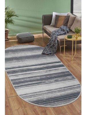 Dijidekor Dijidekor 9026 Gri Saçaksız Dijital Oval Halı Kaymaz Yıkanabilir İskandinav Yolluk 80X150