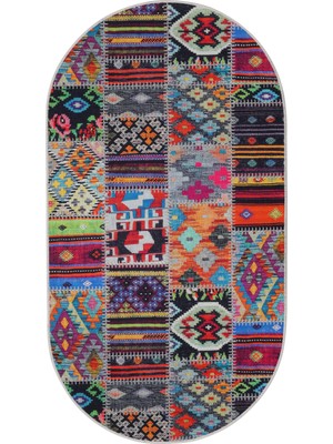 Dijidekor 9010 Patchwork Temalı Saçaksız Dijital Oval Halı Kaymaz Yıkanabilir Iskandinav Yolluk 160X230