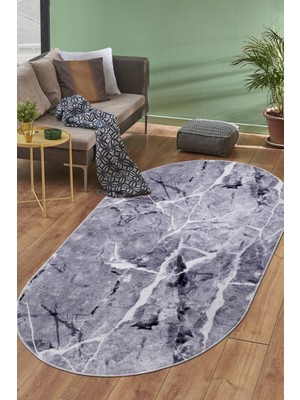 Dijidekor Granit Gri Saçaksız Dijital Oval Halı Kaymaz Yıkanabilir Iskandinav Yolluk 80X300