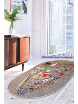 Dijidekor Kahve Mutfak Halısı Saçaksız Dijital Oval Halı Kaymaz Yıkanabilir Iskandinav  120X180