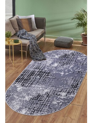 Dijidekor Dijidekor 8881 Gri Siyah Saçaksız Dijital Oval Halı Kaymaz Yıkanabilir Iskandinav Yolluk 160X230