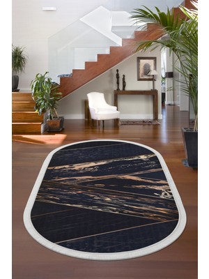 Dijidekor Dijidekor Siyah Gold Saçaklı Dijital Oval Halı Kaymaz Yıkanabilir Iskandinav Yolluk 160X230