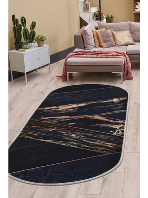 Dijidekor Siyah Gold Saçaksız Dijital Oval Halı Kaymaz Yıkanabilir Iskandinav Yolluk 80X150