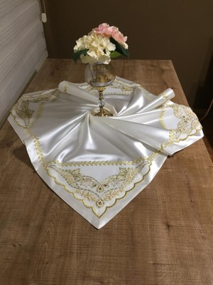 Finezza El işlemesi Cam Boncuklu Saten Kumaş Beyaz/Gold Gelin Bohçası 90*90 cm Kare  - 515