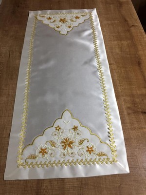 Finezza El işlemesi Cam Boncuklu Saten Kumaş Beyaz/Gold Gelin Bohçası 90*90 cm Kare  - 515